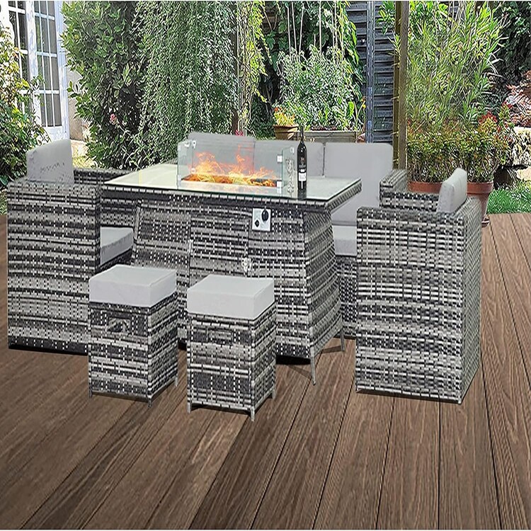 7 Seater Rattan Garden Furniture Set Includes Fire Pit Table, 2 Chairs, 1 Sofa, 2 Stools Cushions Outdoor Living Patio Furniture