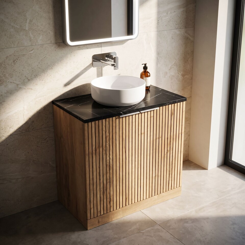 image 1 of Balterley Callingwood Contemporary Floor Standing 2 Door Vanity Unit with Black Pietra Marble Laminate Worktop , 800mm, Autumn Oak