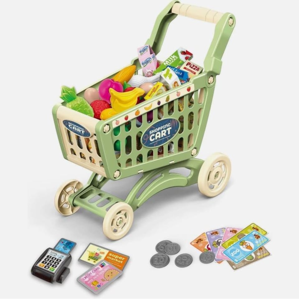 image 1 of Kids Shopping Cart Play Set – 65-Piece Pretend Grocery Kit with POS Machine, Plastic Money & Accessories Easy Assembly for Ages 3+ (Green)