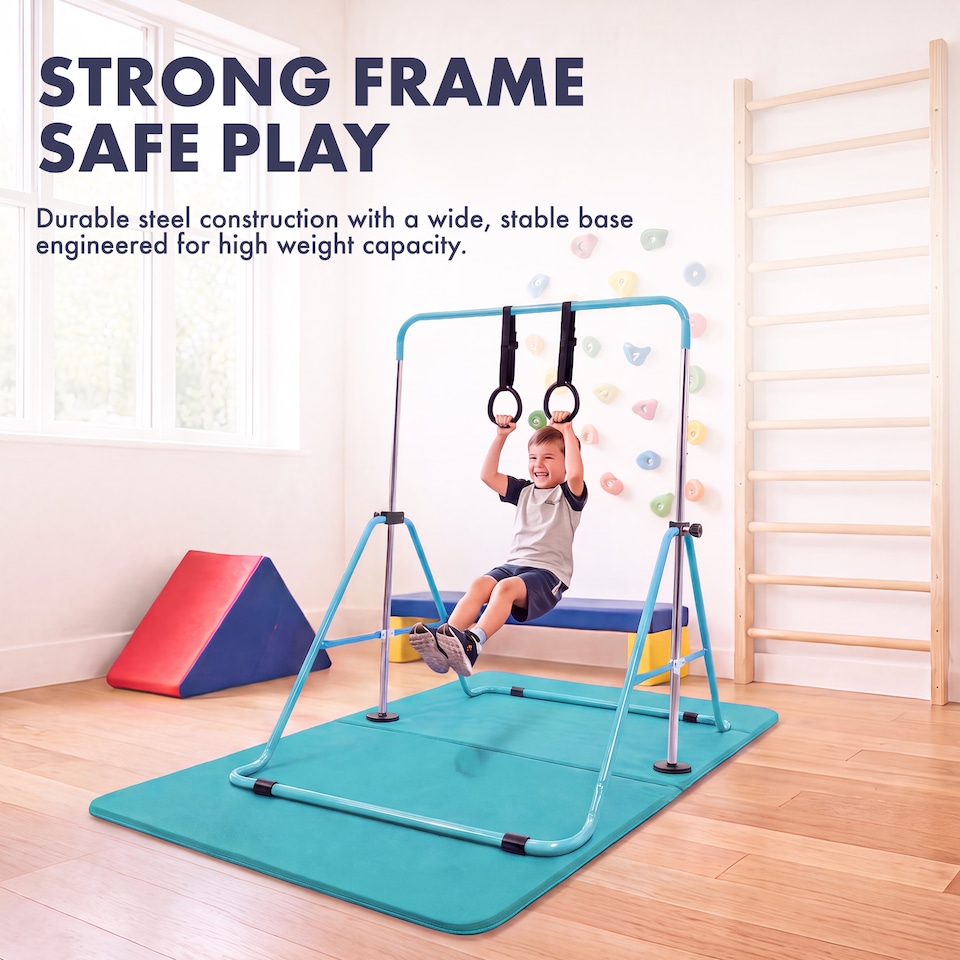 image 1 of Kayman Gymnastics Bar and Floor Mat Set for Kids with Training Rings