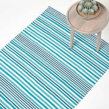 Homescapes Modern Blue Scandinavian Style Striped Cotton Rug - 120 x 180 cm | Blue | Aqua