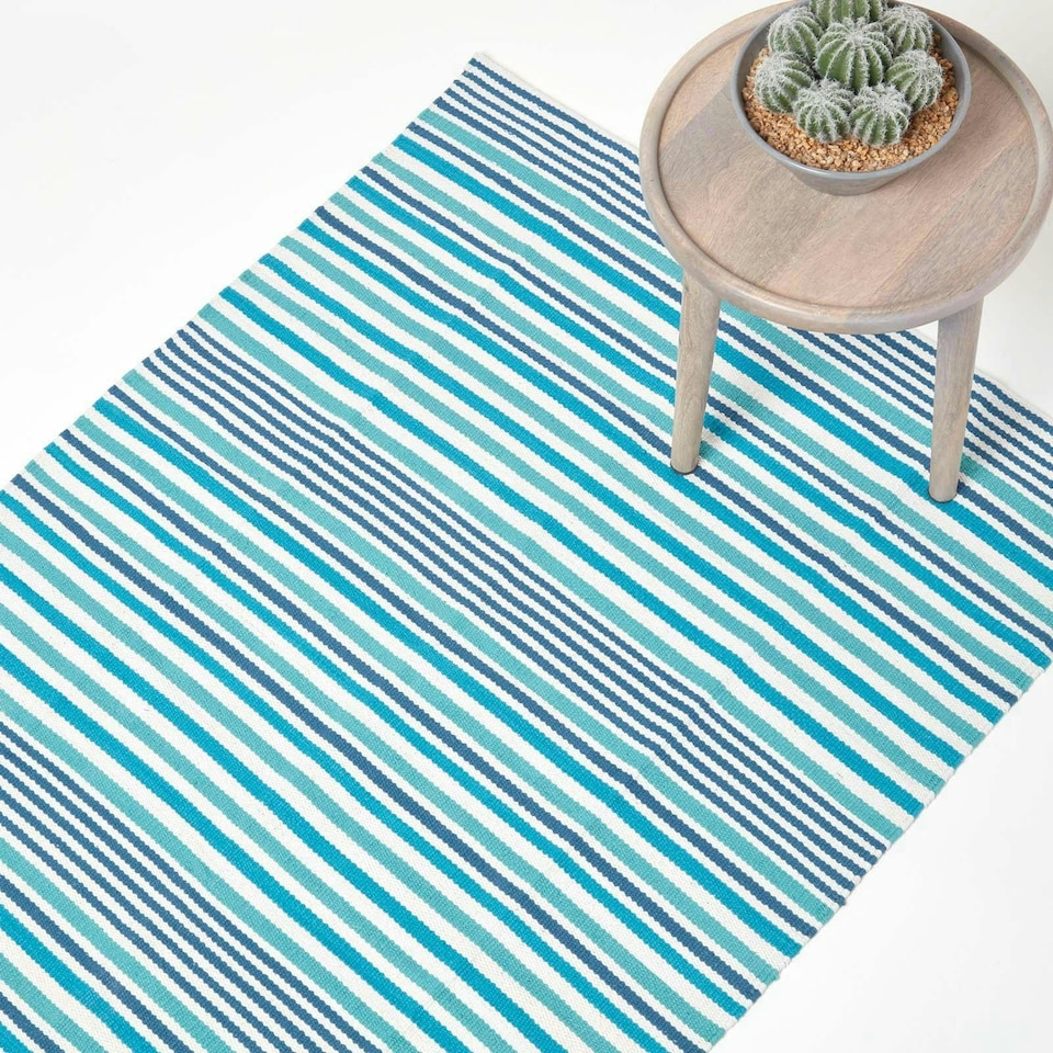 image 1 of Homescapes Modern Blue Scandinavian Style Striped Cotton Rug - 120 x 180 cm | Blue | Aqua