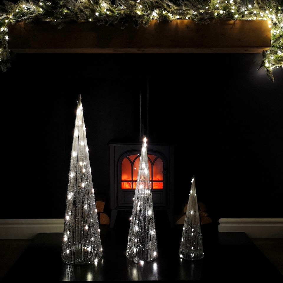 image 1 of LED Tree Cone Obelisk Trio with 90 LEDs in Silver