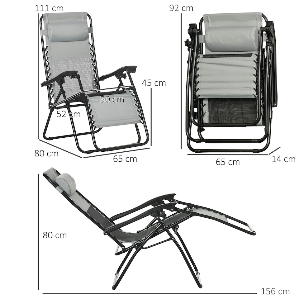 image 1 of Outsunny Foldable Garden Recliner Chair Set of 2 w/ Footstool & Headrest, Grey