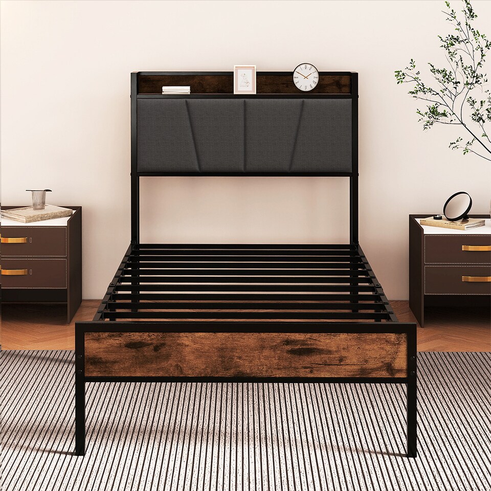 image 1 of Levede Heavy Duty Single Bed Frame Metal Platform with Storage Headboard 3FT | Brown | Single | Single