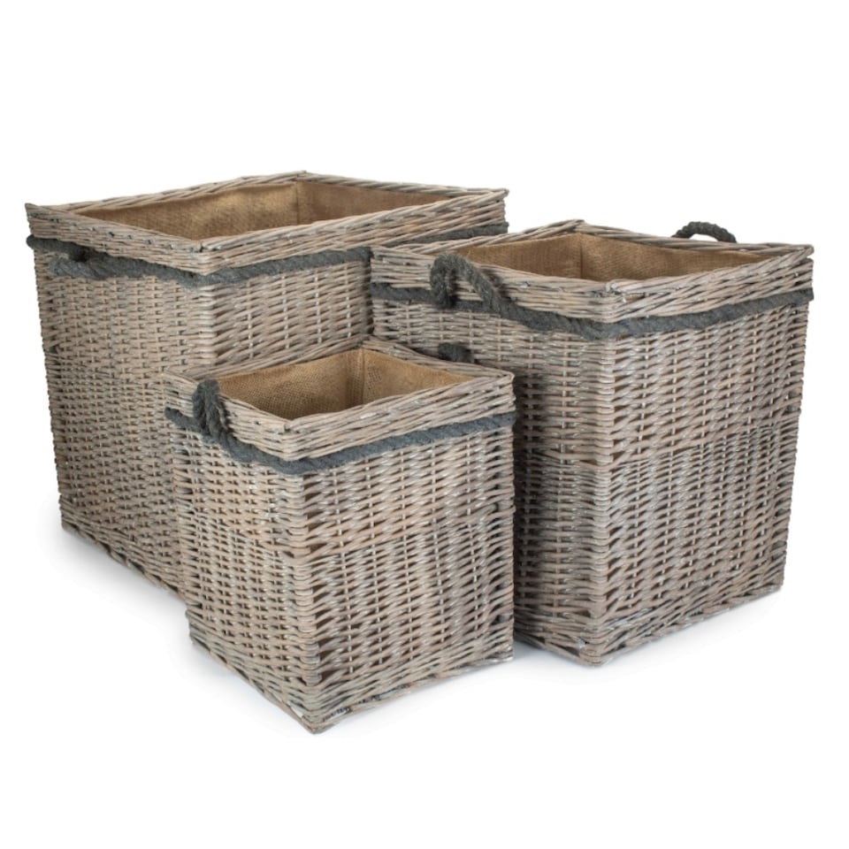 image 1 of Set of 3 Wicker Grey Wash Square Hessian Lined Log Basket | Grey | Grey | Not provided