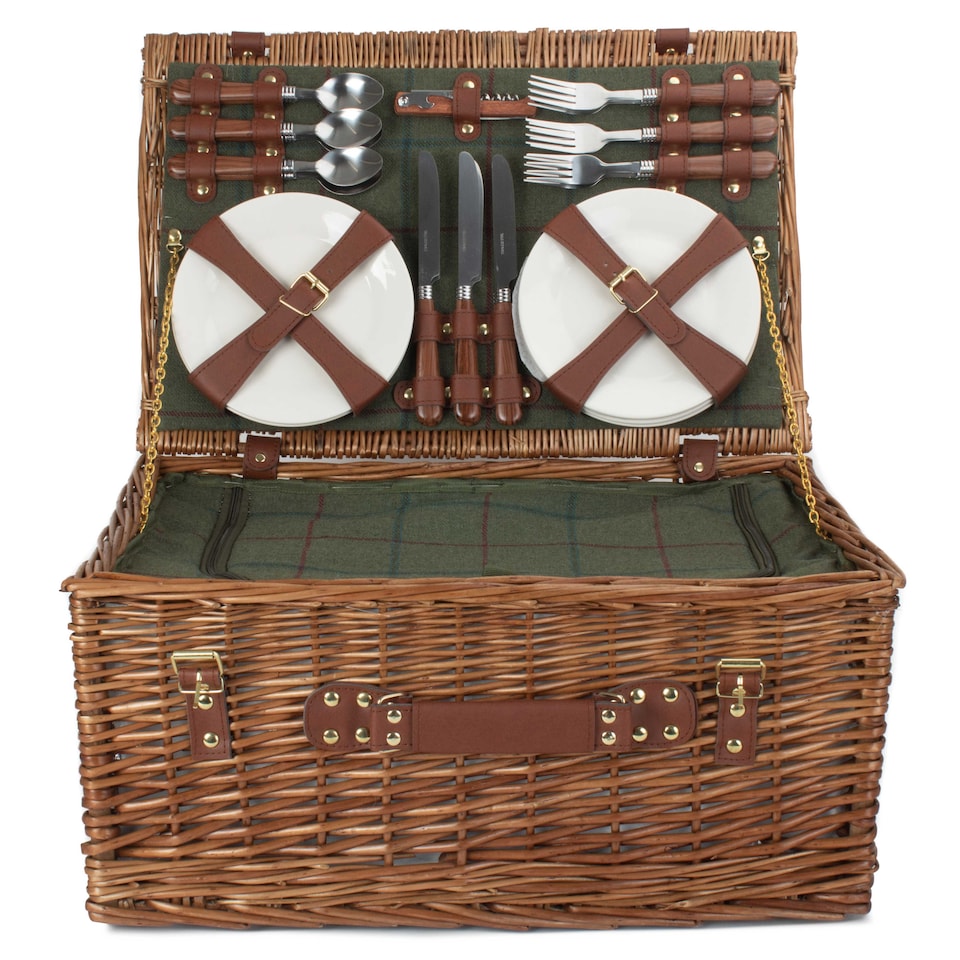 image 1 of 6 Person Green Tweed Classic Picnic Basket