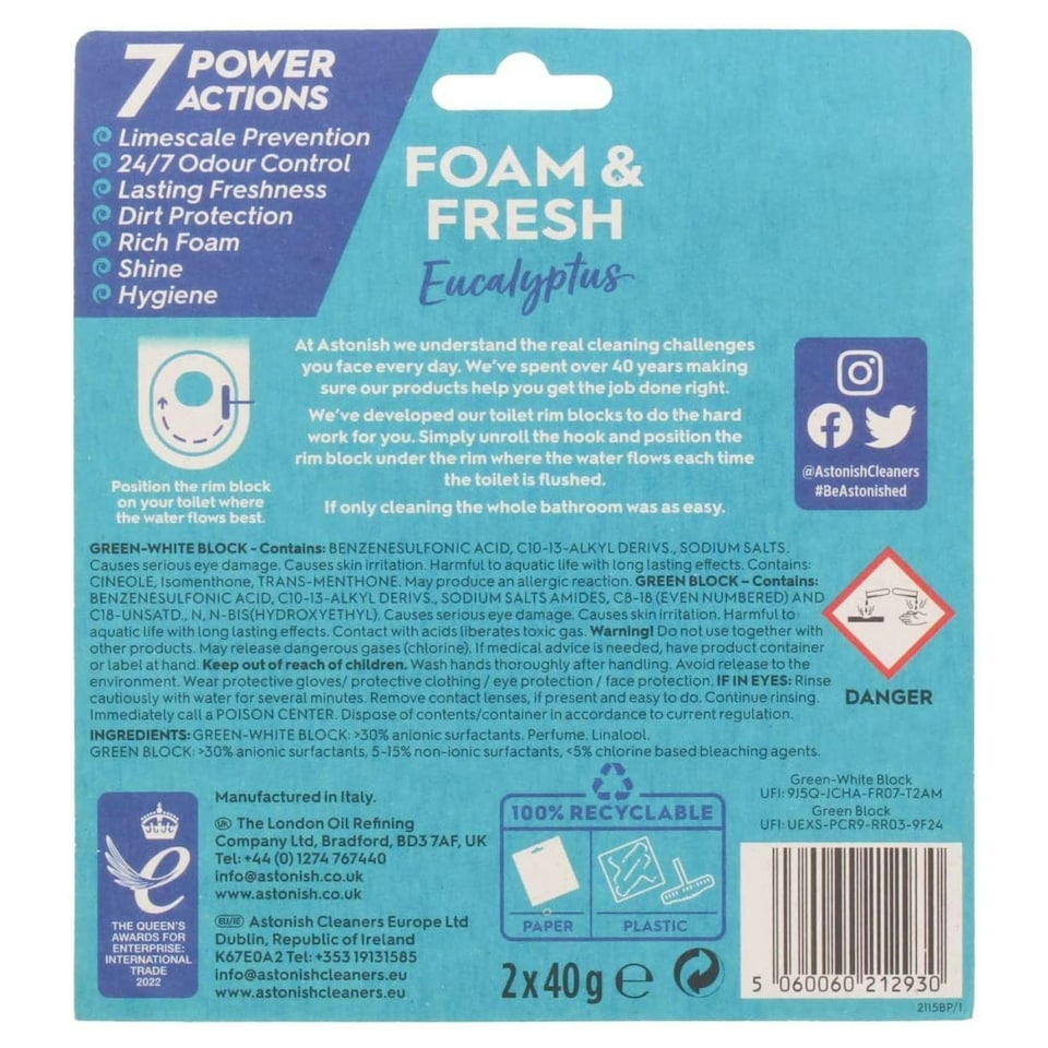 image 1 of Astonish Eucalyptus Foam Fresh Toilet Block Cleaning Action Bleach Odour Control