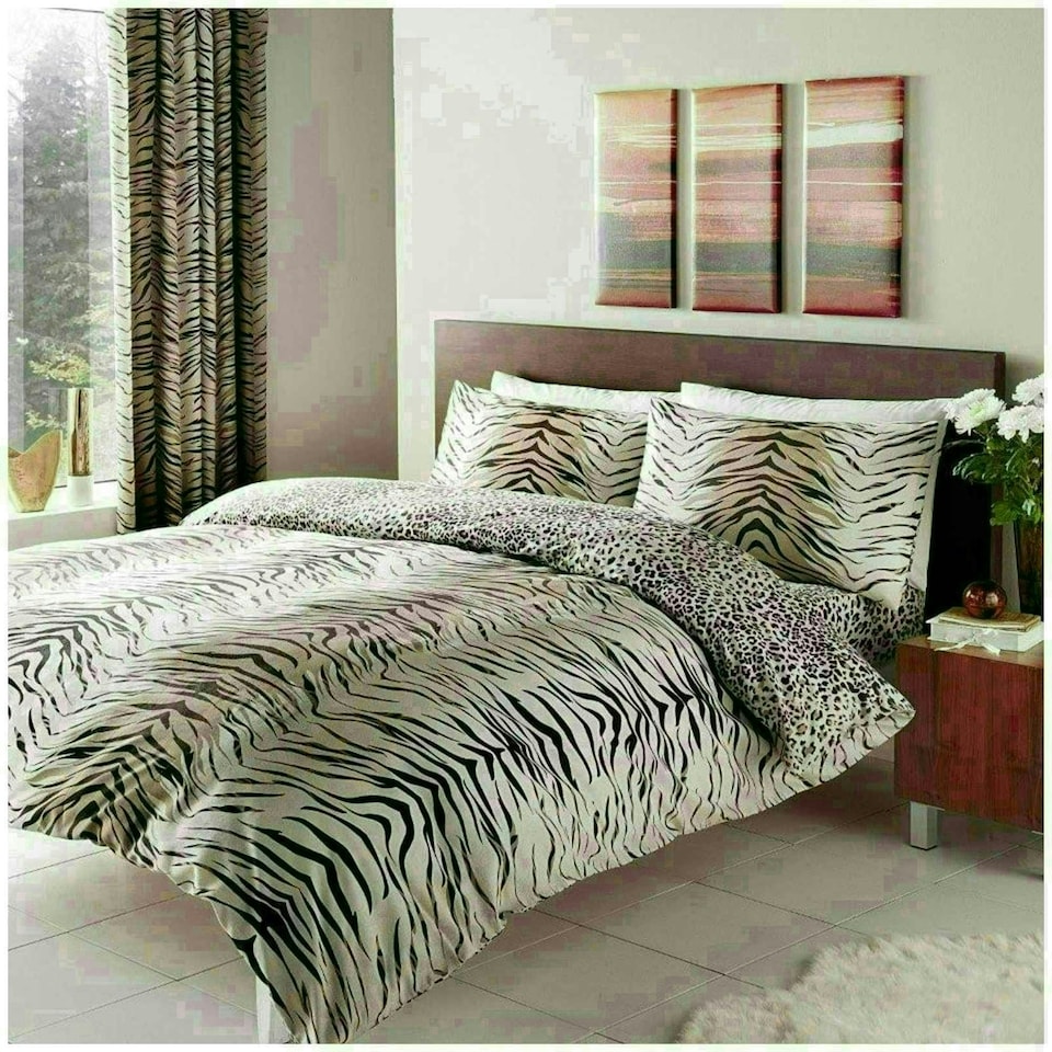 image 1 of Tiger Skin Printed Duvet Cover Set Reversible Polycotton Beddings Brown | Single