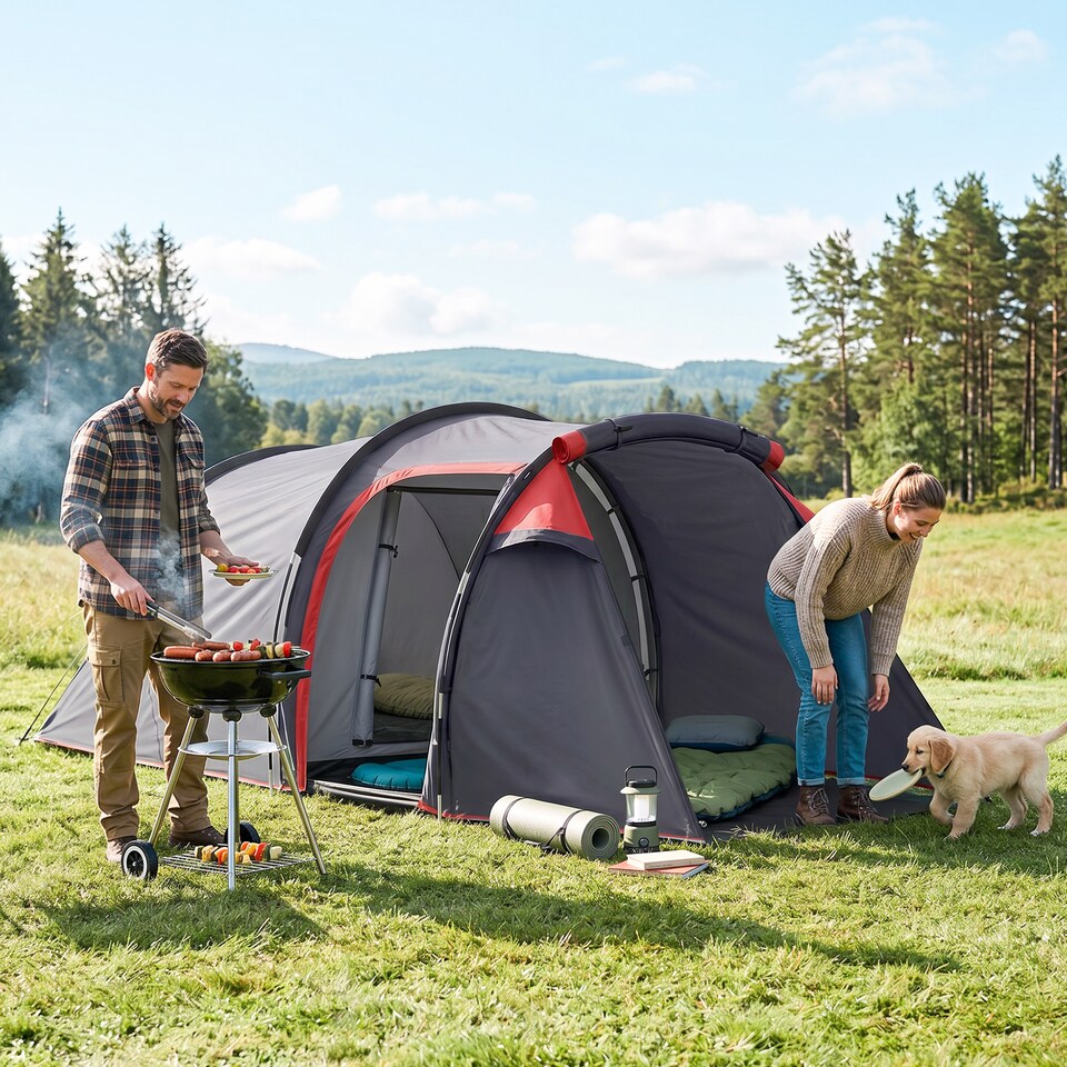 image 1 of Outsunny 2 Man Camping Tent with 2 Rooms Porch Vents Rainfly, Dark Grey