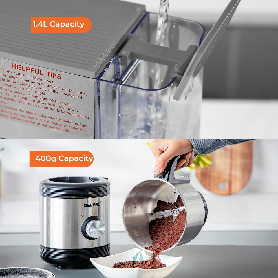 image 1 of GEEPAS 1450W Espresso & Cappuccino Coffee Machine & 450W Coffee Grinder Combo Set