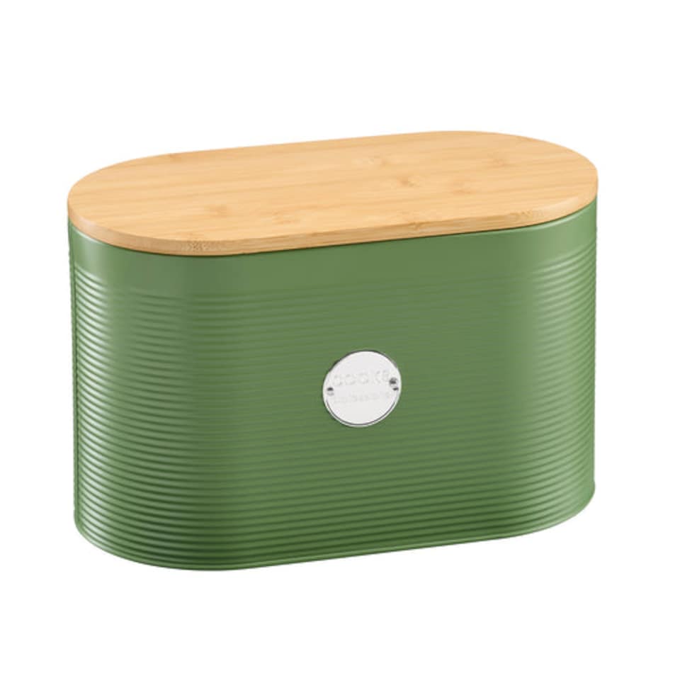 image 1 of Cooks Professional Ribbed Bread Bin, Linen Bag & Bamboo Board Set with Silver Label | Green | Green & Silver | 1