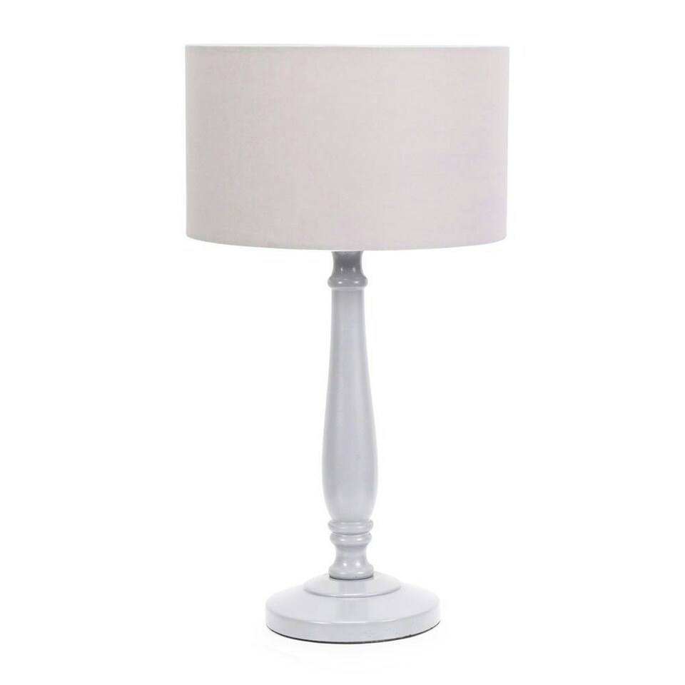 image 1 of ValueLights Victoria Grey Wood Traditional Stem Table Lamp with Grey Fabric Drum Shade and LED Bulb