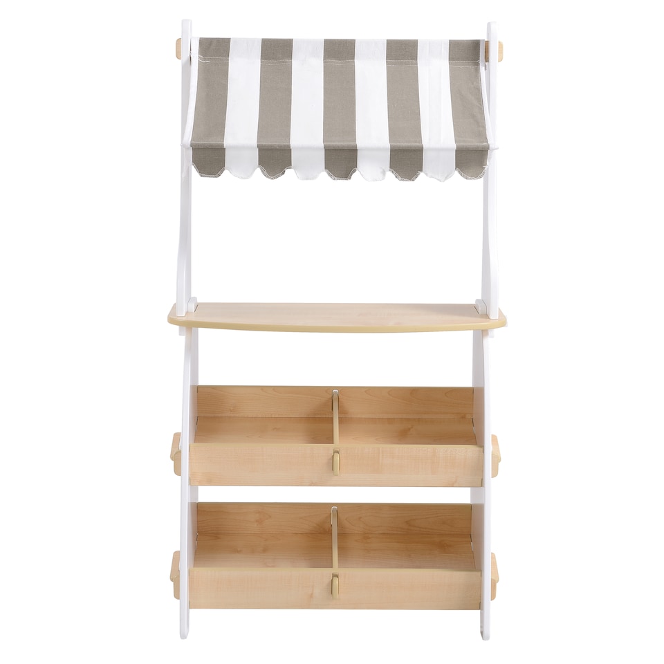 image 1 of Hooga Kids Wooden Toy Shop, Role Play Shop Market Stand With Realistic Shelving and Fabric Canopy