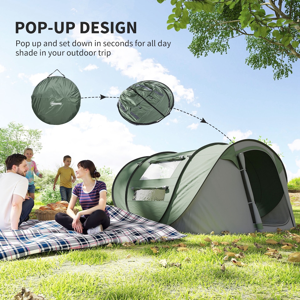 image 1 of Outsunny Camping Tent Dome Pop-up Tent  with Windows for 4-5 Person Dark Green