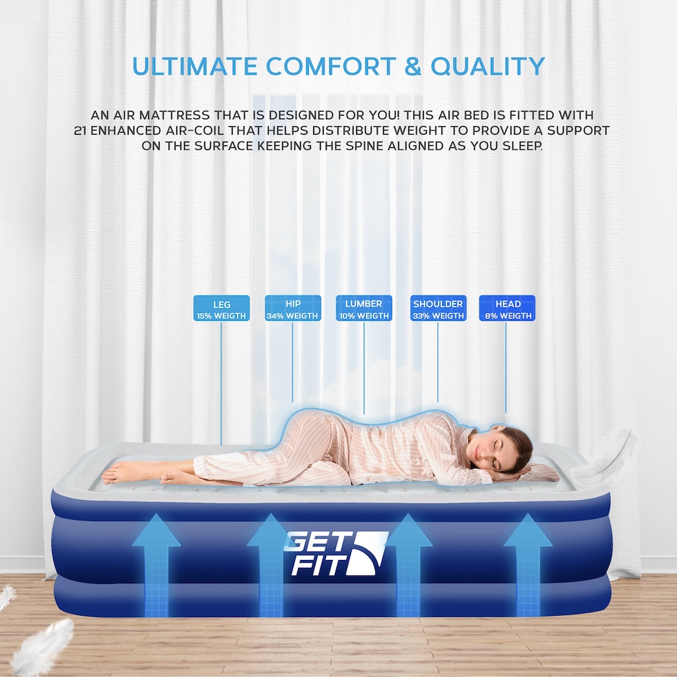 image 1 of Get Fit Air Bed With Built In Electric Pump - Premium Single Size - Blow Up Bed With Free Pillow - Elevated Inflatable Air Mattress | Blue | Navy / White | 1