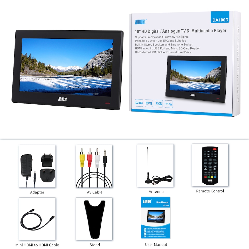 image 1 of 10 Inch Portable Freeview TV & Multimedia Player, USB PVR Recording, EPG, Subtitles - Battery or Mains Powered - August DA100D
