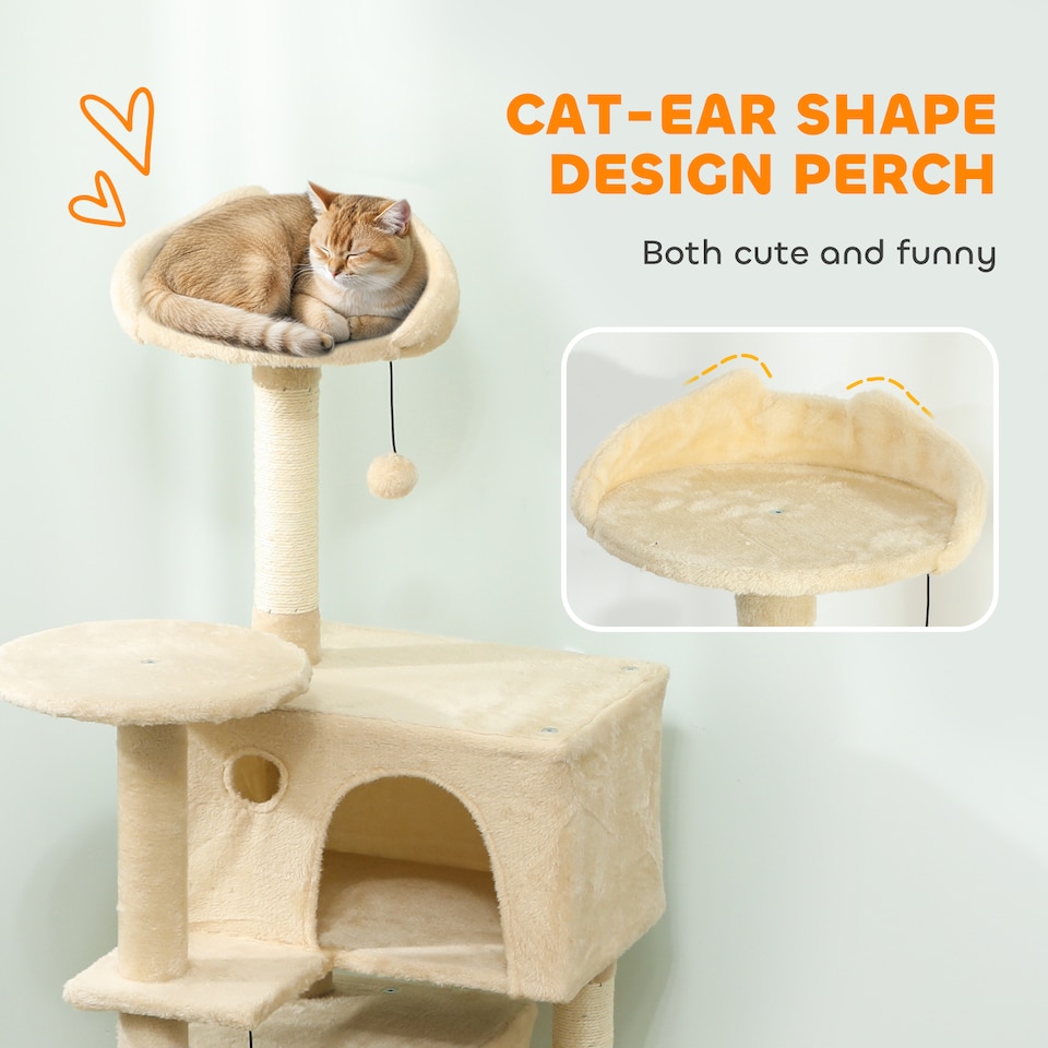 image 1 of PawHut 140cm Cat Tree Tower with Sisal Scratching Posts, Condos, Beige