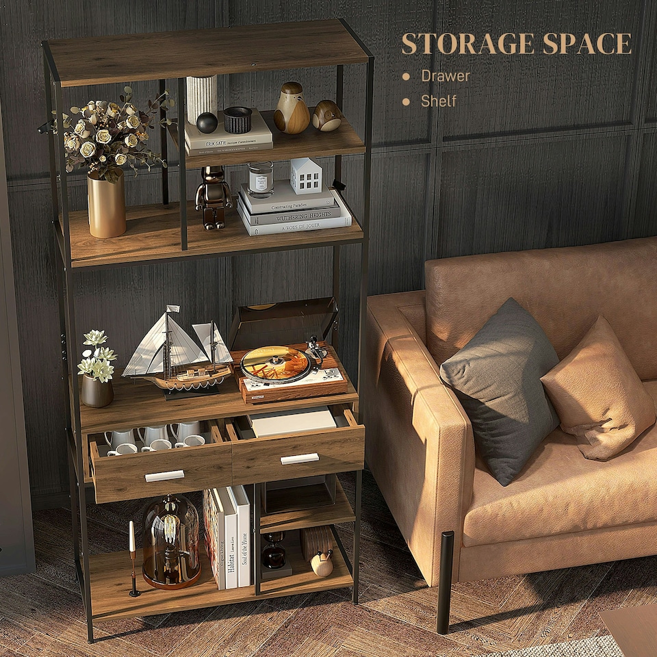 image 1 of HOMCOM 5 Tier Free Standing Book Shelf with 2 Drawers for Study, Living Room