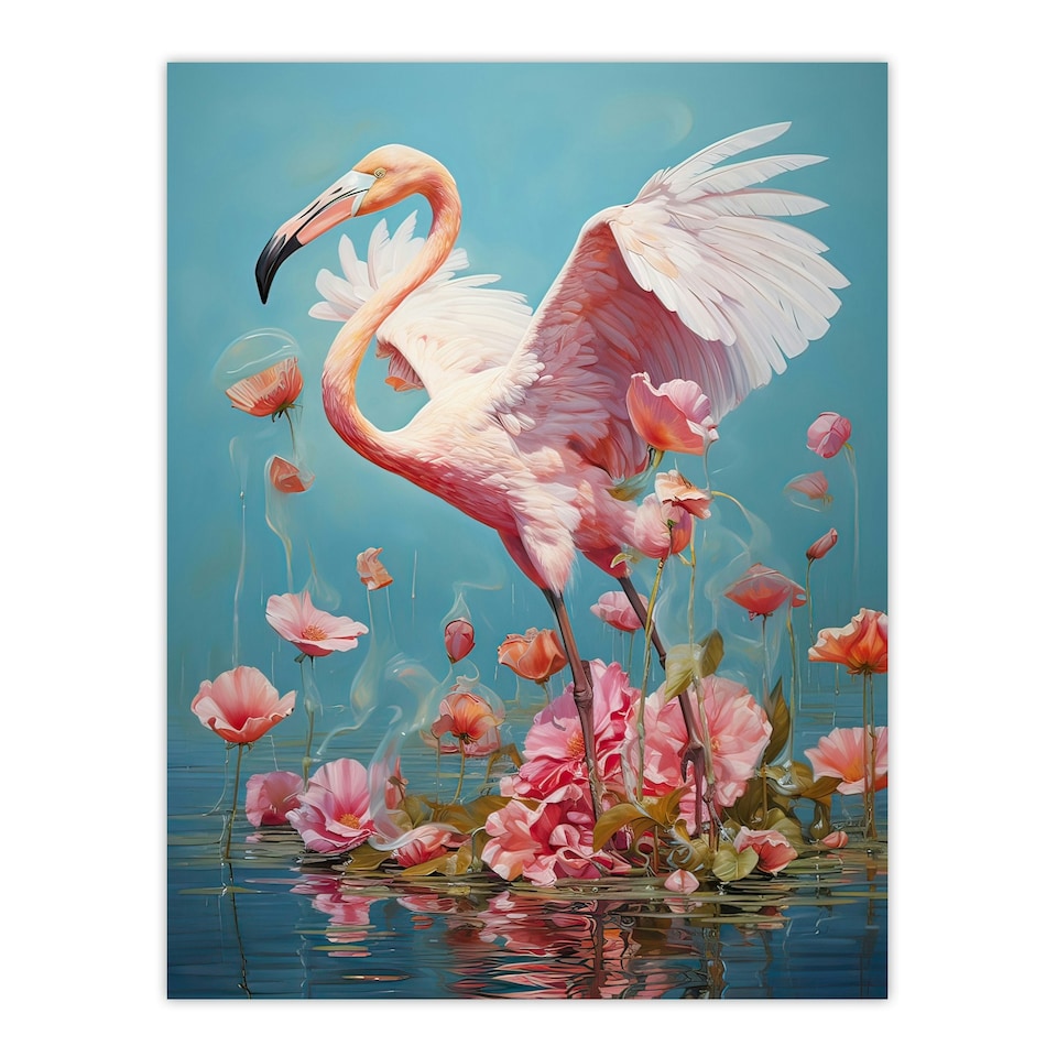 image 1 of Flamingo Flight Lake Dance Pink Floral Water Flowers Black Framed Wall Art Print A4
