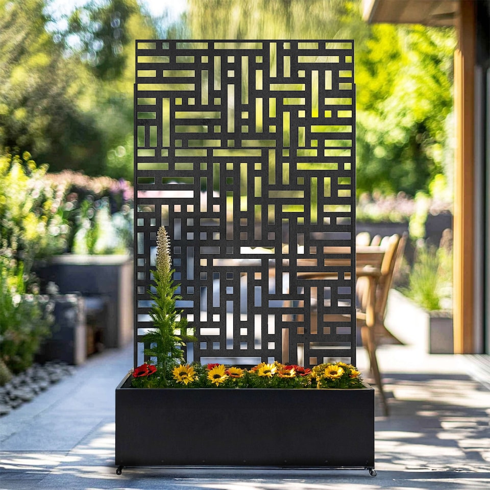 image 1 of Nicoman Metal Outdoor Privacy Screen Panel with Planter | Black | Black | 1