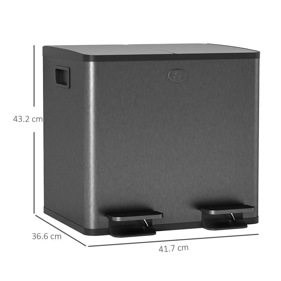 image 1 of HOMCOM 2 x 15L Dual Kitchen Bin Pedal Bin for Recycling and Waste, Black Black | 41.7L x 36.6W x 43.2H cm