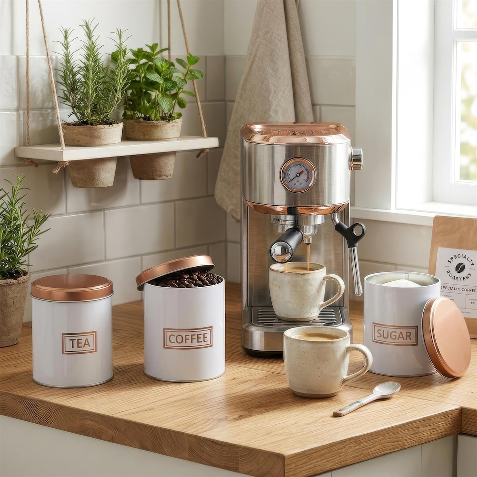 image 1 of Harbour Housewares 3pc Tea Coffee Sugar Canister Set - Round Metal Airtight Kitchen Canister Tin Pots