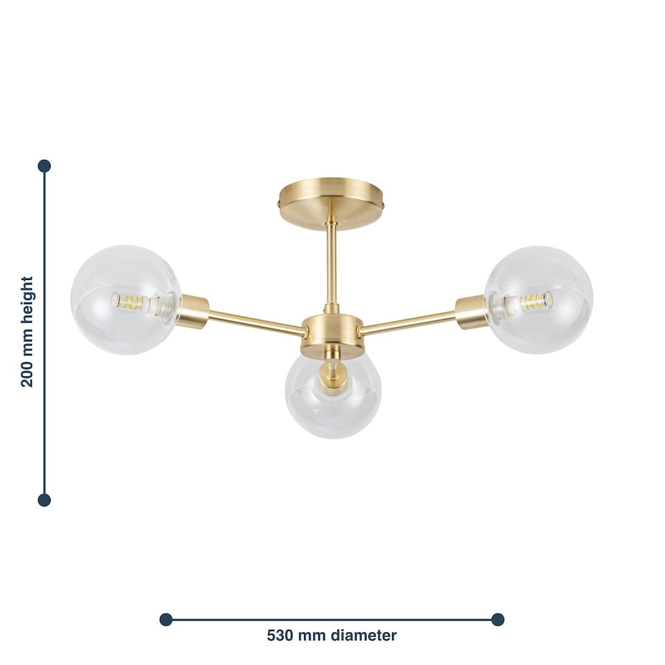 image 1 of Toner - Satin Brass with Clear Glass Globes 3 Light Flush Ceiling Light | Gold | Clear | 1