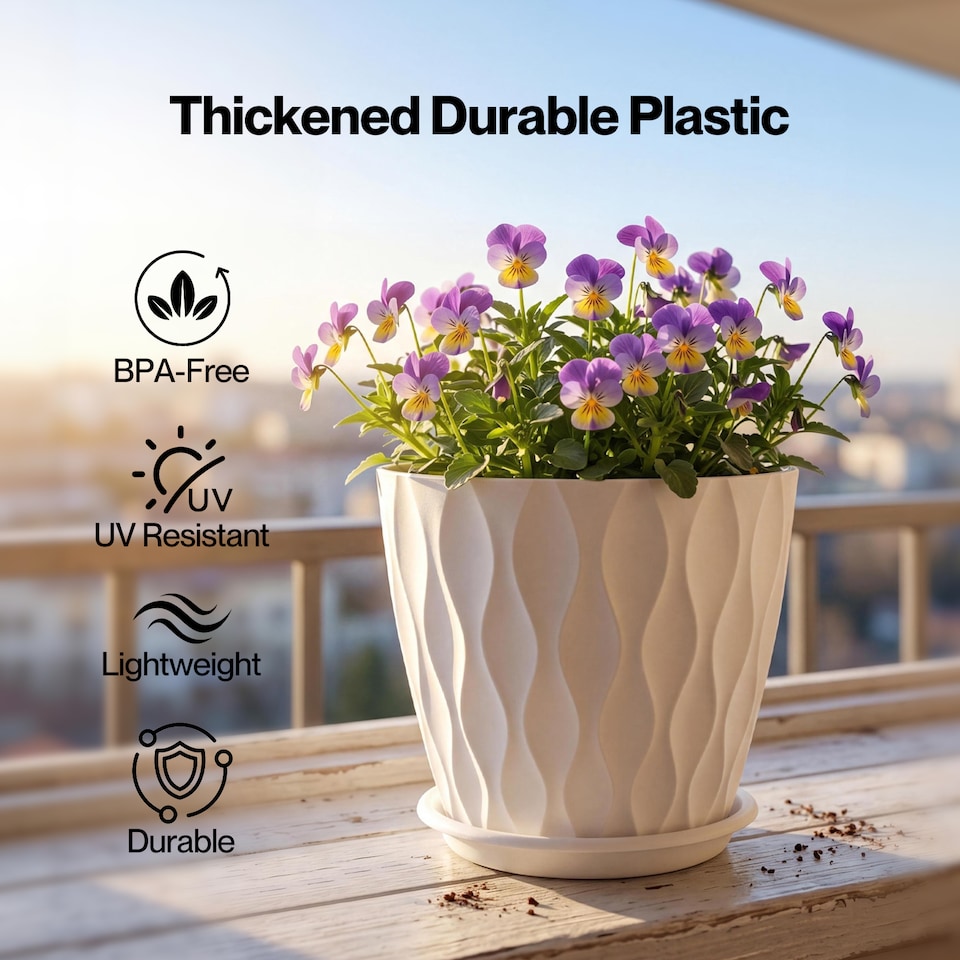 image 1 of TOQUE Plant Pots,5Pc 8 Inch Plant Pots Indoor,Drainage,PP Plastic,White
