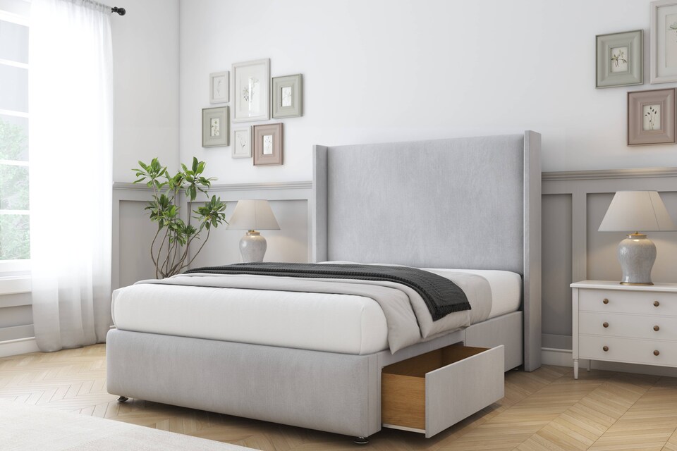 image 1 of Sloomy Stratford Silver Naples Divan Bed Base No Drawers With 54 Inch Wingback Headboard & 12 Inch Matching Footboard | Silver | Silver | Small Double | 1