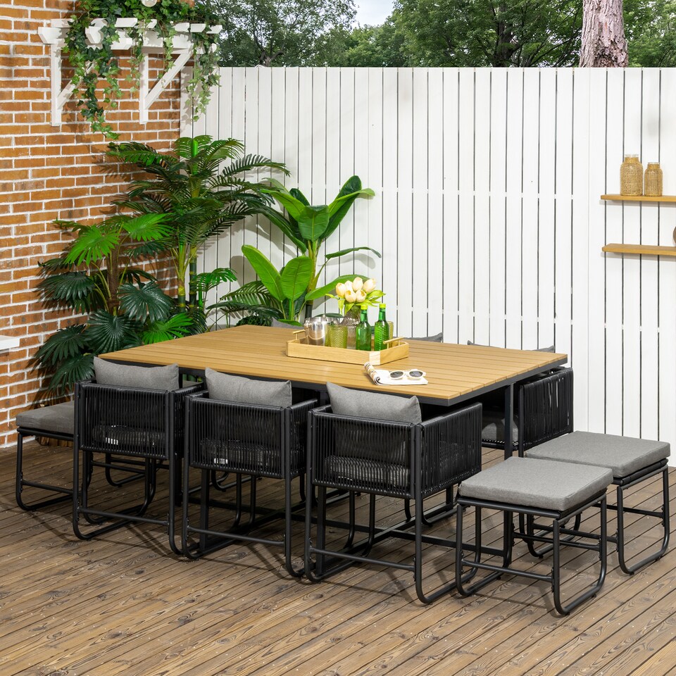 image 1 of Outsunny 10 Seater Rattan Cube Garden Furniture Set, Rattan Dining Set with Cushions, Outdoor Dining Table and Chairs with 6 Armchairs, 4 Stools, Rectangular Wood Grain Plastic Top Table, Black