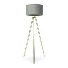 ValueLights Aero Polished Gold Floor Lamp with Large Grey Drum Shade and LED Bulb | Grey