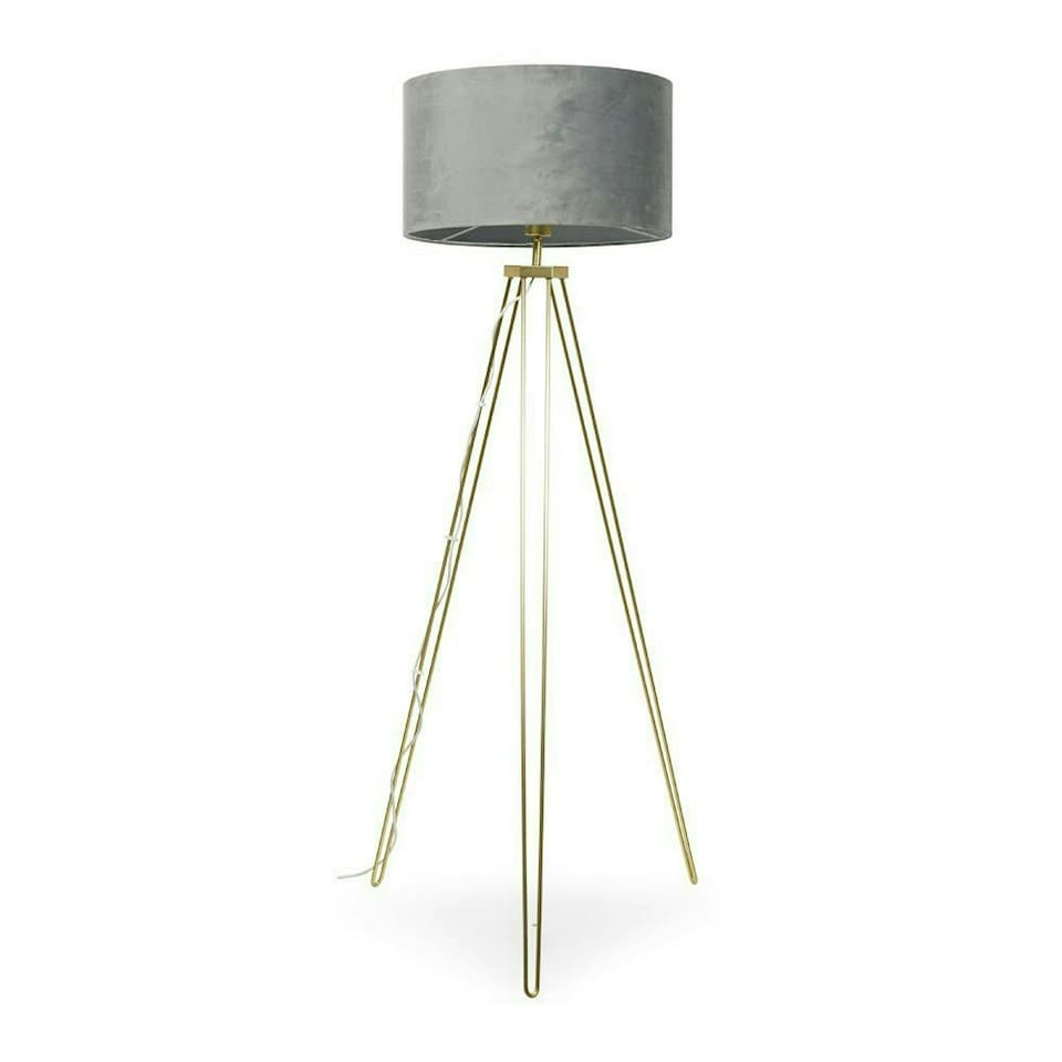 image 1 of ValueLights Aero Polished Gold Floor Lamp with Large Grey Drum Shade and LED Bulb | Grey