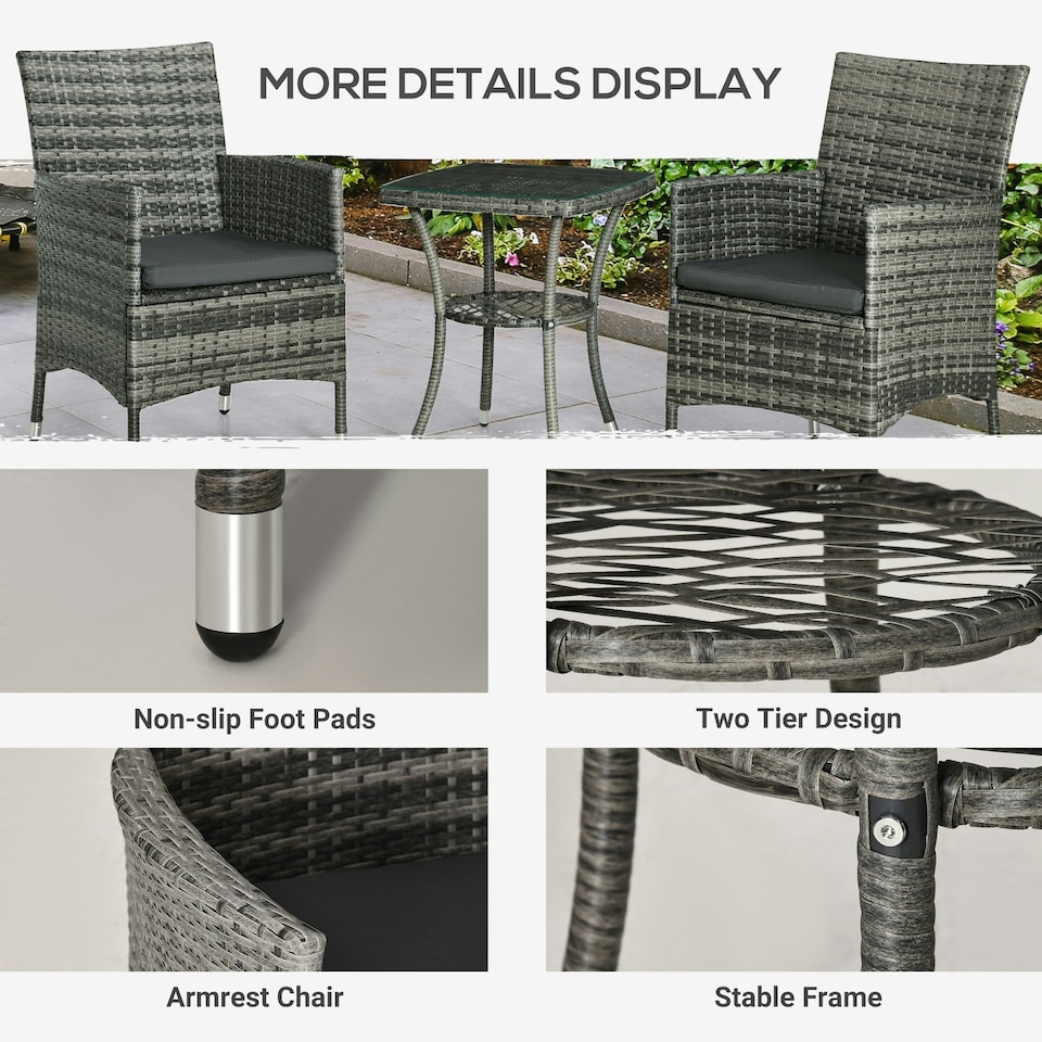 image 1 of Outsunny Rattan Bistro Set Garden Chair Table Patio Outdoor, Mixed Grey