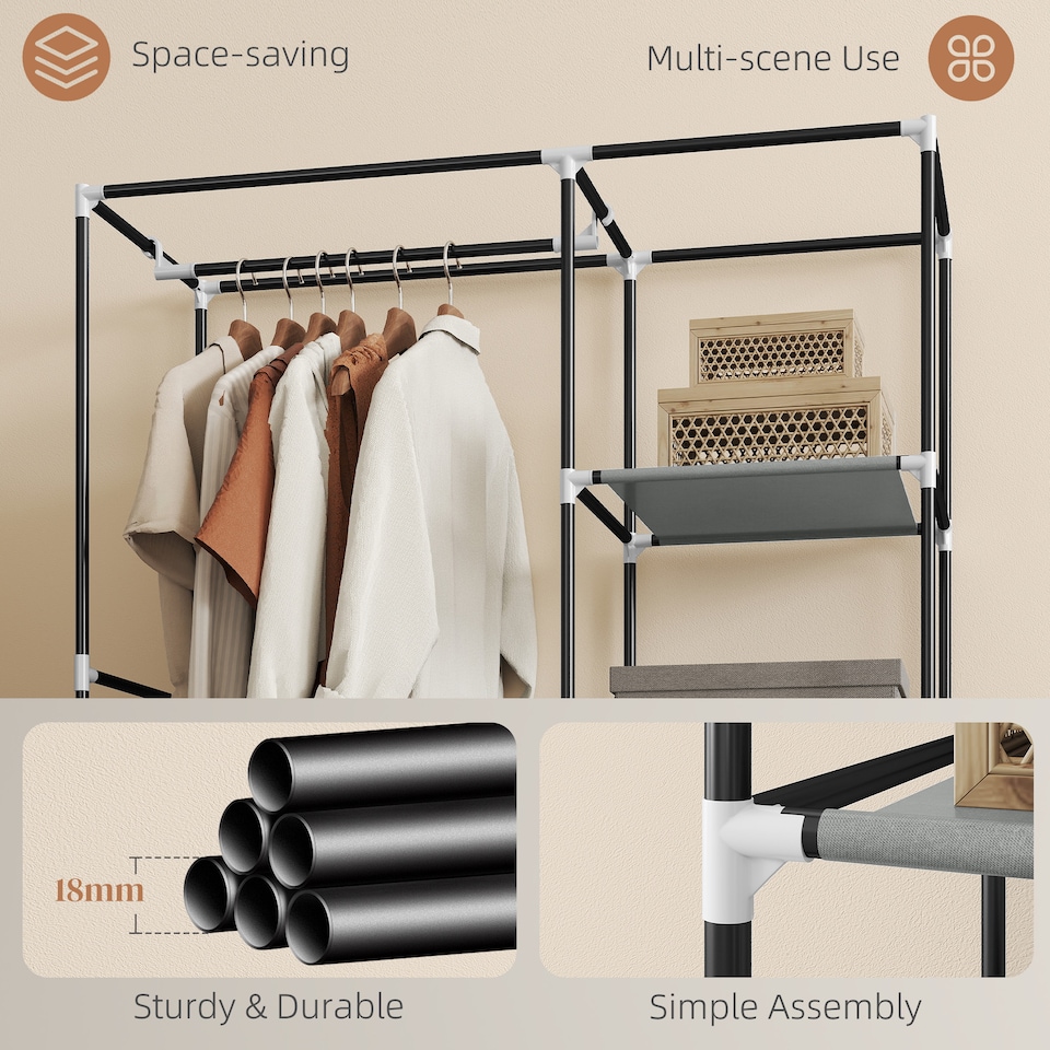 image 1 of HOMCOM Fabric Wardrobe, Portable Wardrobe with 6 Shelves, 1 Hanging Rail, Foldable Closets, 103 x 43 x 162.5 cm, Light Grey
