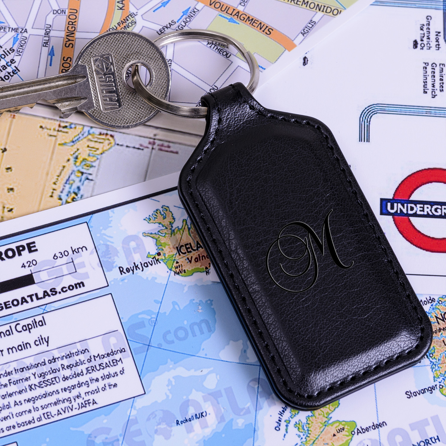 Uniqueful Personalised Script Initial Faux Leather Key Ring New Home Gift in Black