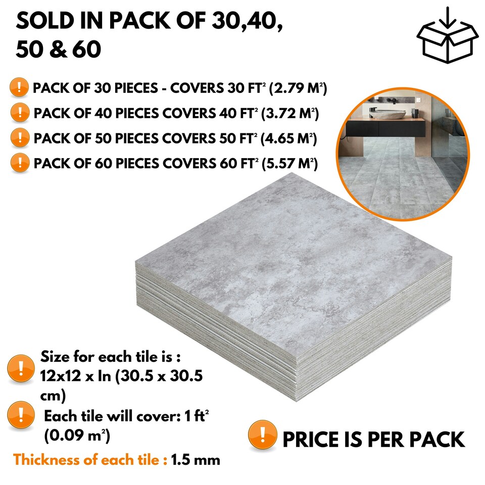 image 1 of NOVECRAFTO Vinyl Floor Tiles Self Adhesive – 12x12in Peel and Stick Flooring for Kitchen, Bathroom & Living Room – Grey Granite Effect Design Grey | 2.79 sqm