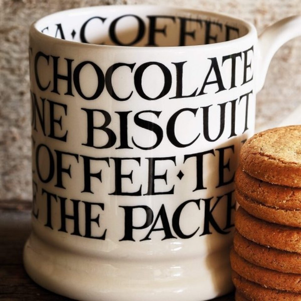 image 1 of Mug: 1 x 300ml Emma Bridgewater Black Toast All Over Writing 1/2 Pint Mug, Ceramic White