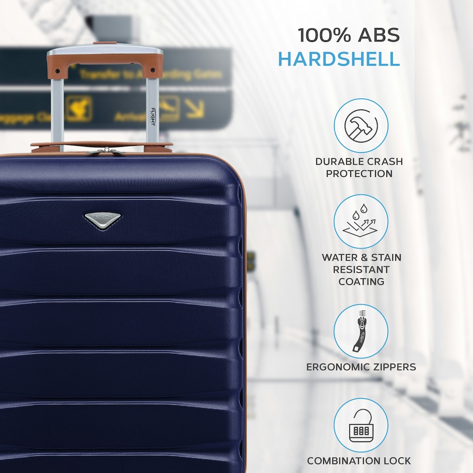 image 1 of Flight Knight Suitcase Set, Large Suitcase, Extra Large Suitcase, Cabin Suitcase 55x40x20cm - 60+ Airlines Approved - EasyJet, Jet2, Ryanair Priority Carry On Blue | Navy/Tan | Large