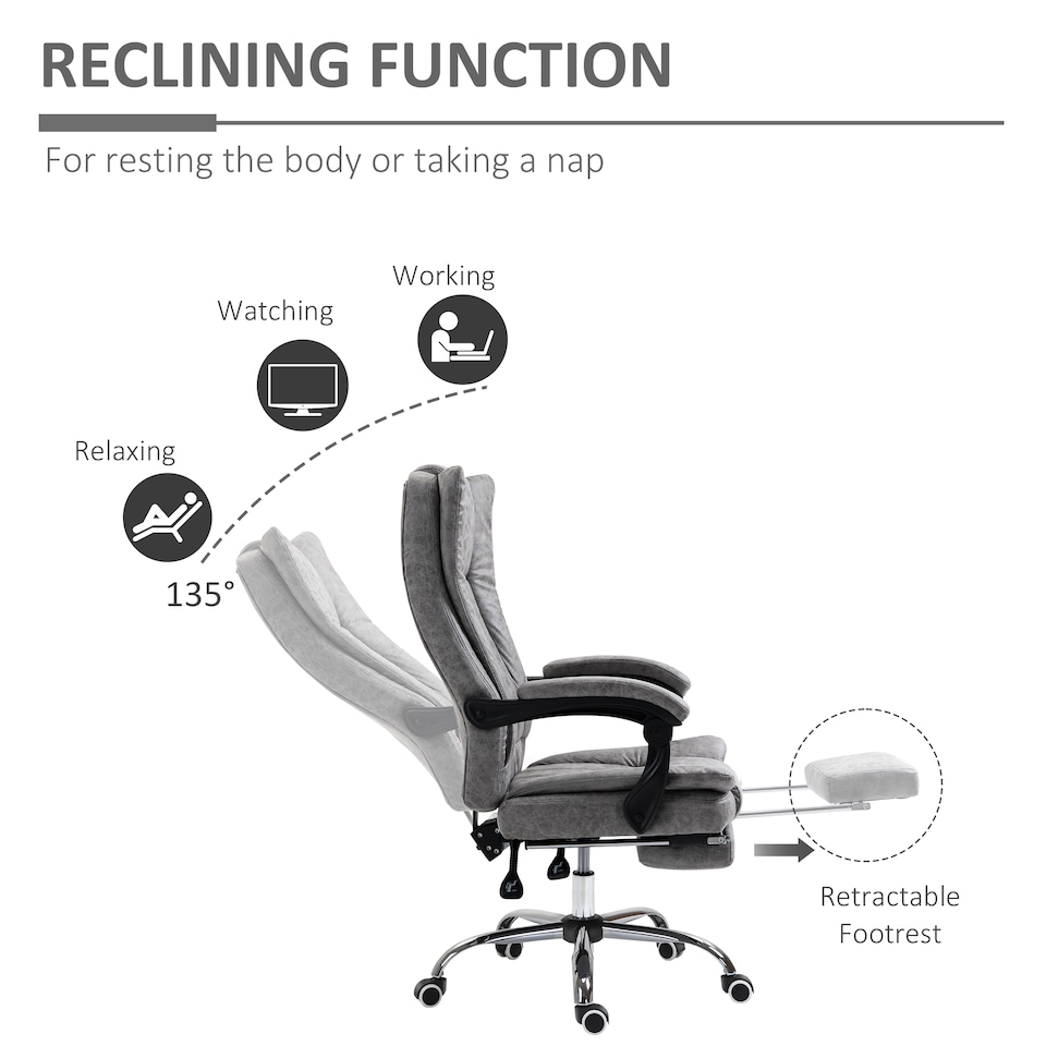 image 1 of Vinsetto Office Chair, Microfibre Reclining Computer Desk Chair with Footrest and Adjustable Height, Swivel Wheels for Home Office, Grey