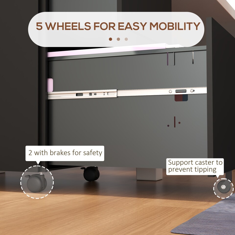 image 1 of Vinsetto 2-Drawer Vertical Filing Cabinet with Lock and 5 Wheels, Steel Mobile File Cabinet, for A4, Legal and Letter Size, Pre-Assembled Body, Black