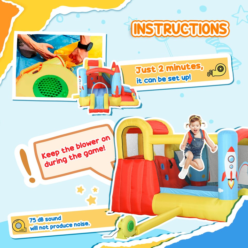 image 1 of Outsunny Bouncy Castle with Slide Pool Rocket Trampoline w/ Carrybag Blower