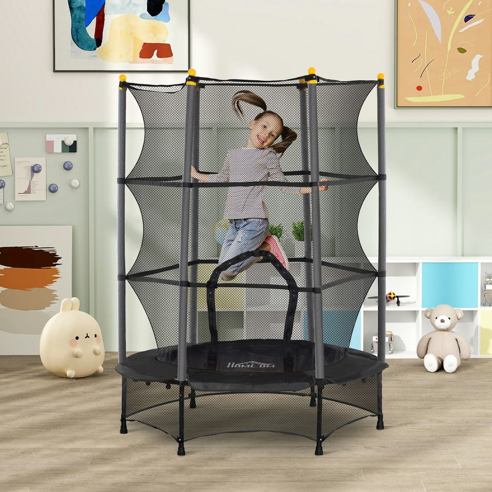 image 1 of HOMCOM 4.6FT Kids Trampoline with Safety Enclosure for Ages 3-10 Years Black