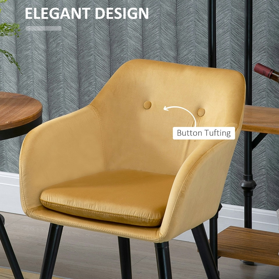 image 1 of HOMCOM Upholstered Velvet Fabric Bucket Seat Dining Armchair Set of 2 Yellow