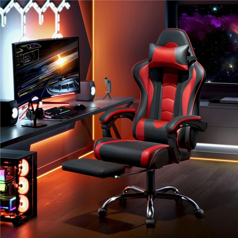 image 1 of Yaheetech Ergonomic Computer Chair with Massage Lumbar Pillow | Multi | Black/Red