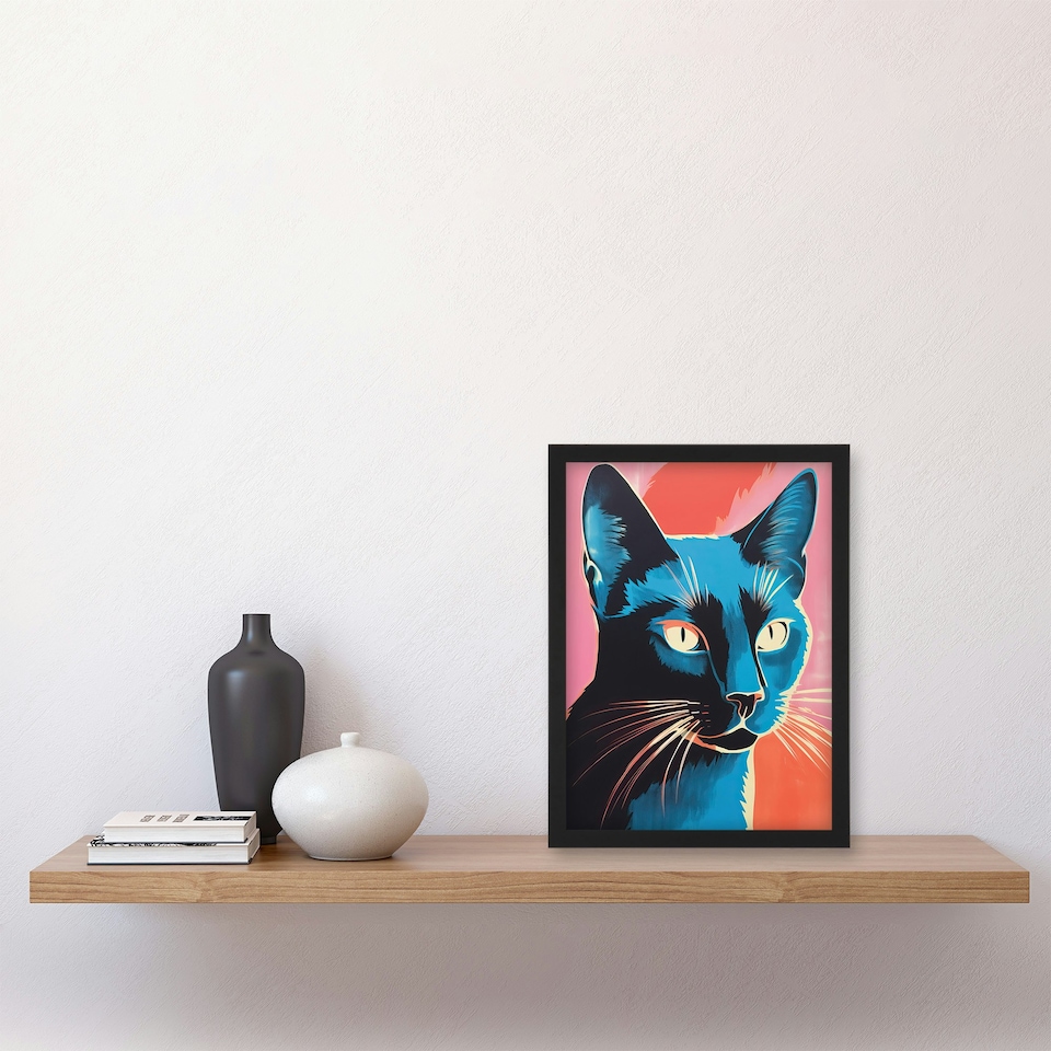 image 1 of Siamese Cat On Pink Red Screen Risograph Style Black Framed Wall Art Print A4