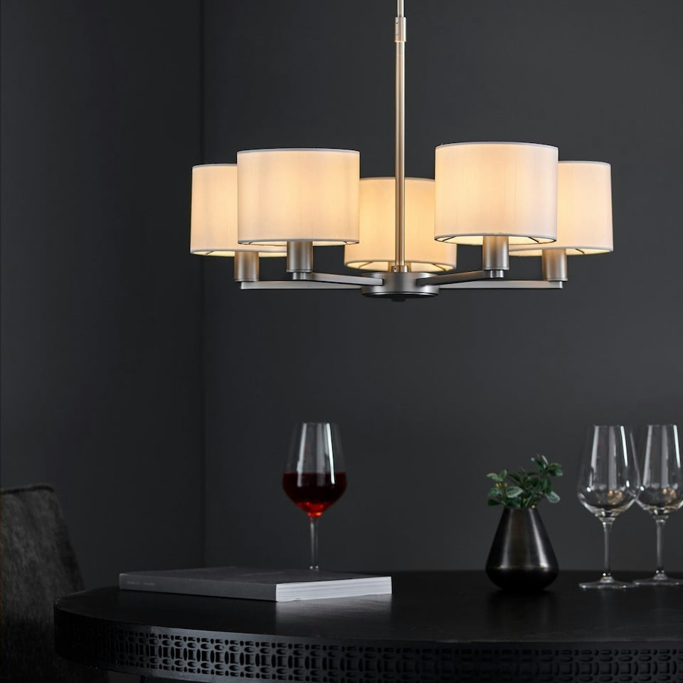 image 1 of Daley 5 Light Multi Arm Ceiling Pendant Matt Nickel, Vintage White Silk Effect, E14