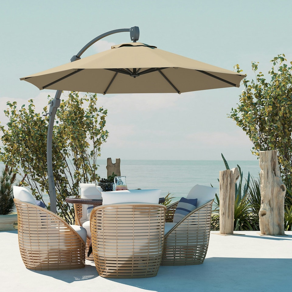 image 1 of Outsunny 3(m) Garden Cantilever Parasol with Crank Aluminium Frame Khaki | Cream | 366L x 294W x 280H cm