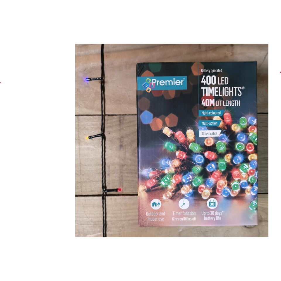 image 1 of 2 Pack of 400 LED 40m Premier Christmas Indoor Outdoor Multi Function Battery Operated String Lights with Timer in Multicoloured