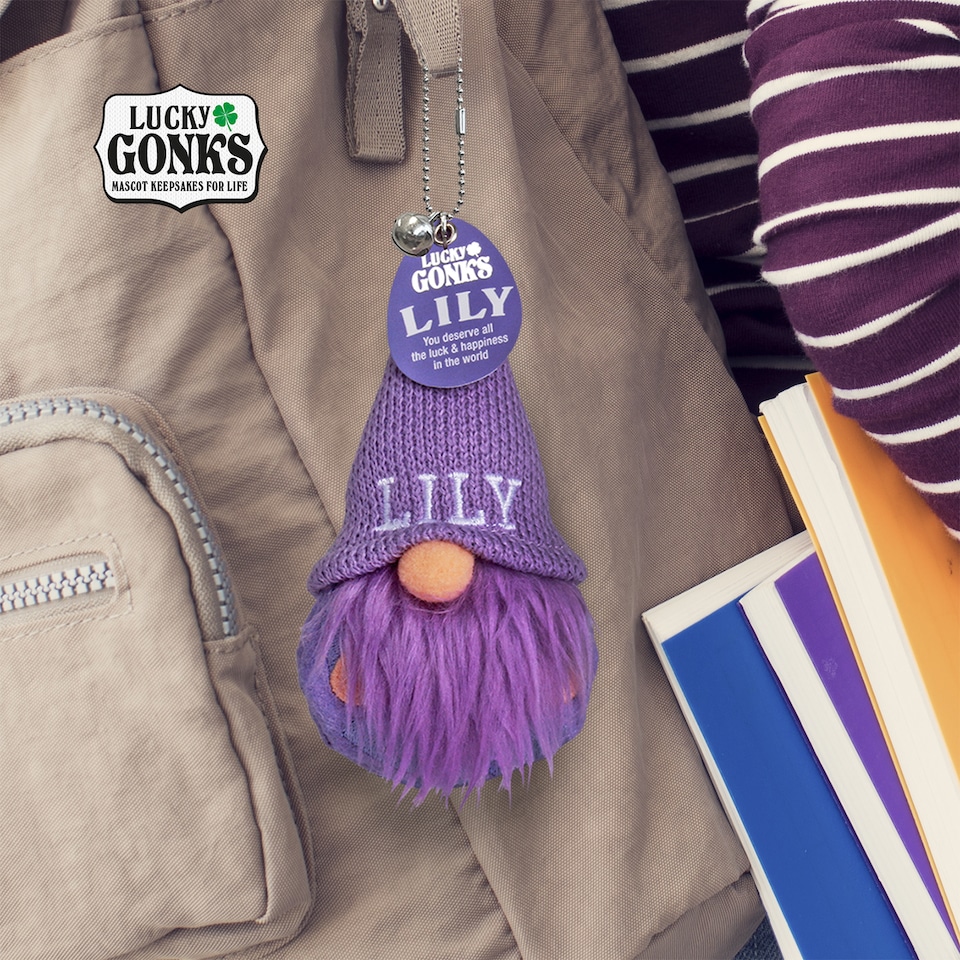 image 1 of Pre-personalised Lucky Gonk Mascot Keyring For Bag Or Backpack - Lily - 136 Names and Themes Available | Purple